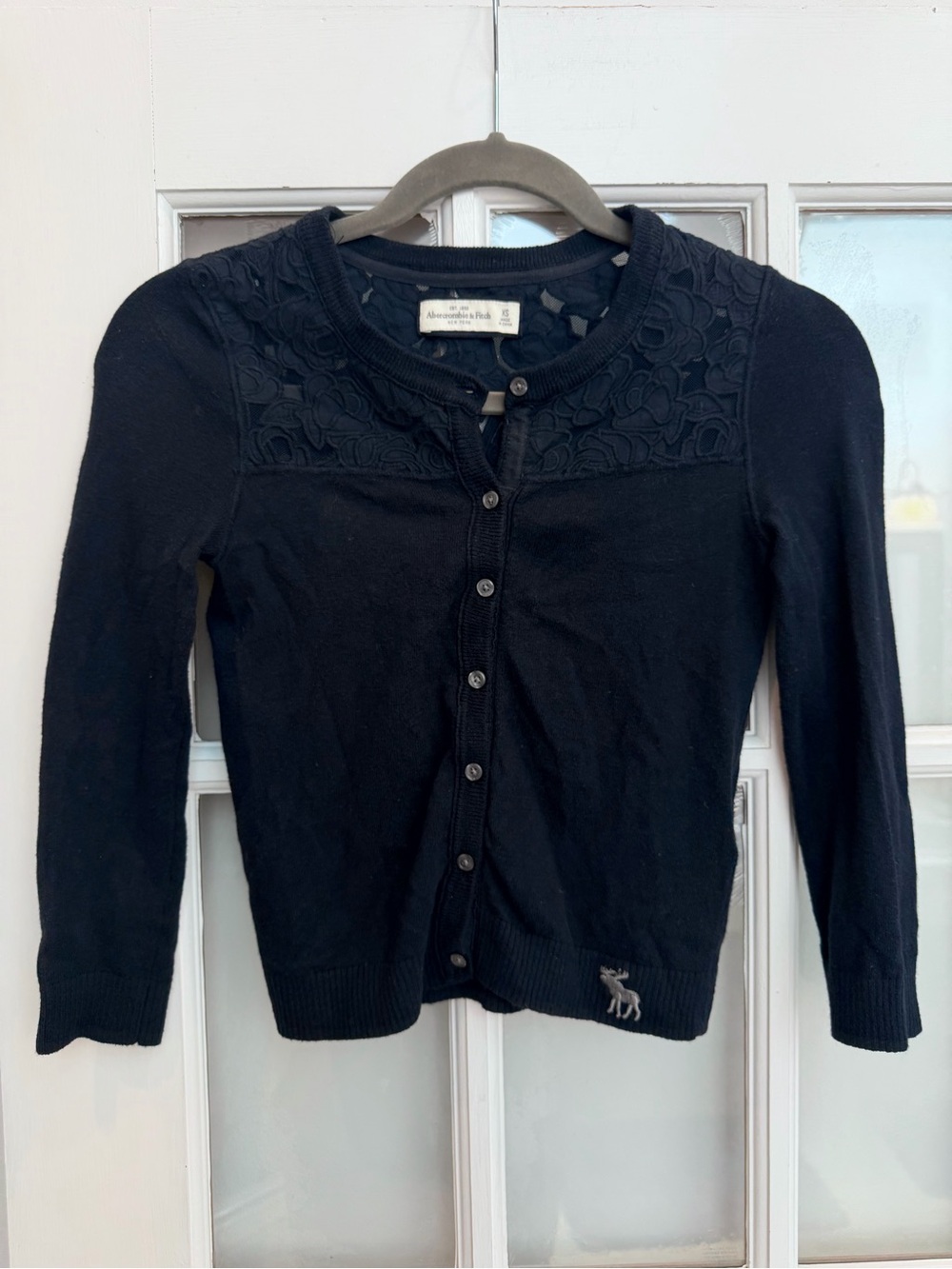 Vintage Abercrombie & Fitch Y2K Moose Logo Navy Lace Cardigan Sweater Size XS